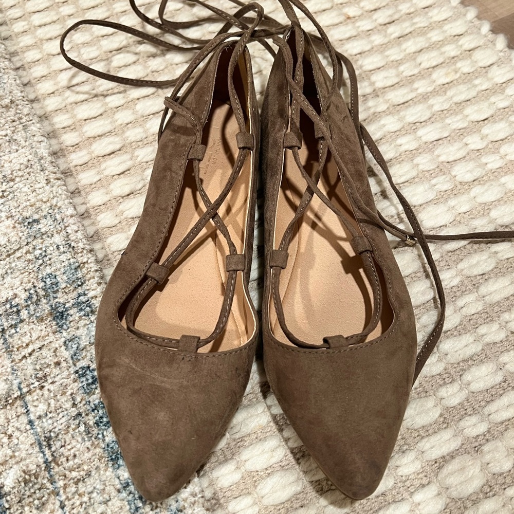 Tan suede pointed lace up loft flats, size 8